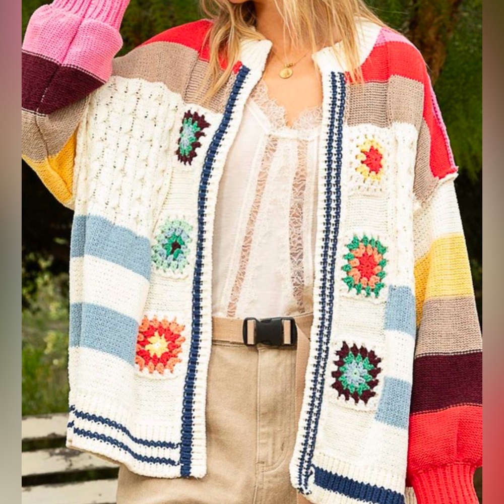 New POL granny square crochet cardigan sweater ivory tic toc Hand made stitch - Picture 5 of 6
